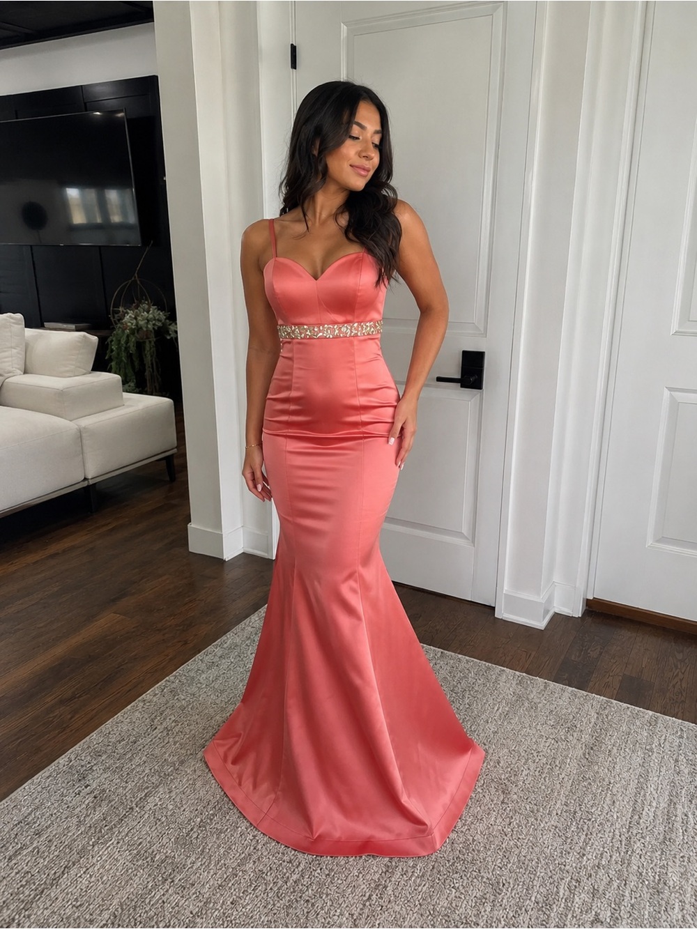 Coral Satin Mermaid Evening Dress with Embellished Waist